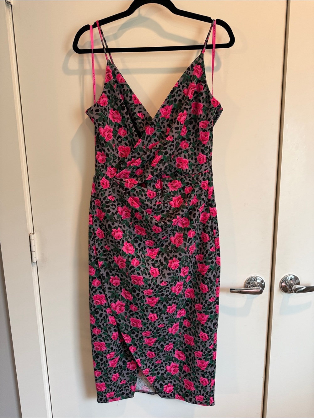 Betsey Johnson Pink Rose Print Wrap-Style Midi Dress